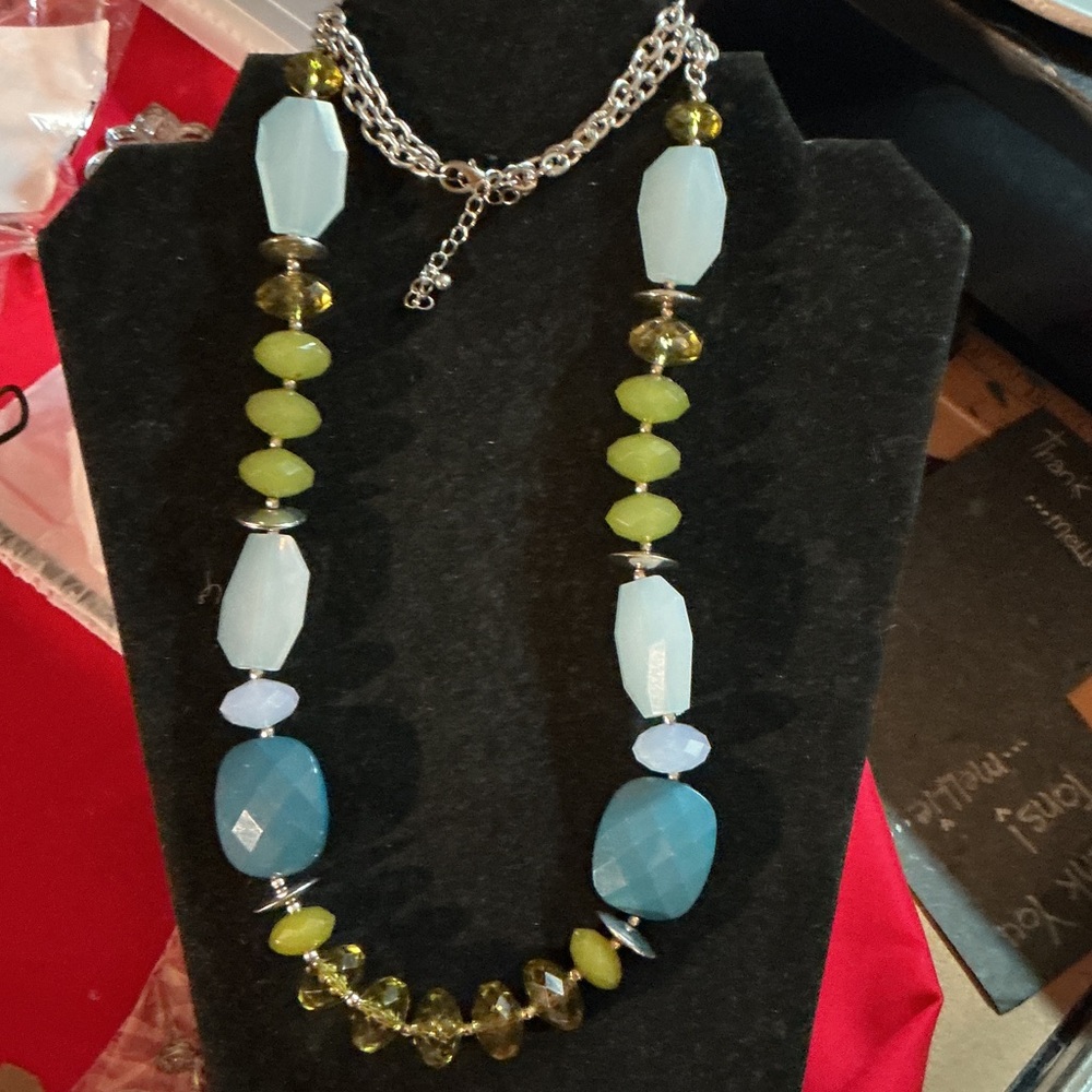 Vintage Blue Green Silvertone Beaded Necklace